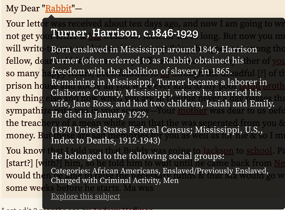 Screen capture of the new subject tag for Rabbit, now featuring the name Harrison Turner, circa 1846-1929 with a brief biography about Turner's life.