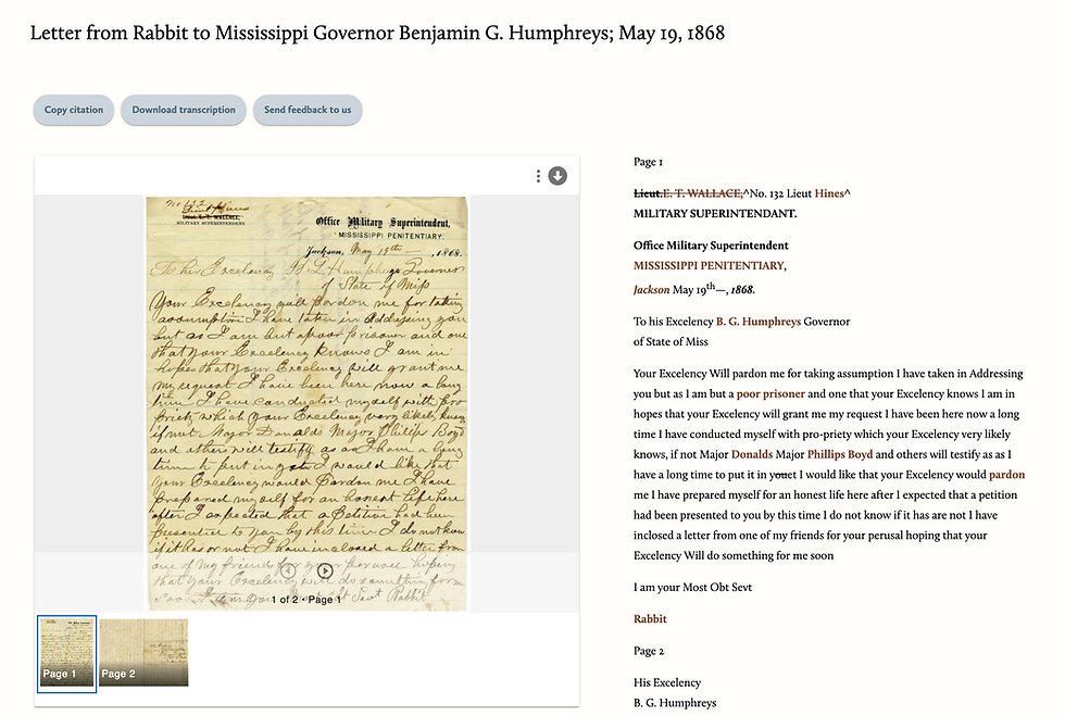 Screen capture of "Letter from Rabbit to Mississippi Governor Benjamin G. Humphreys; May 19, 1868." The image shows the original archival document on the left and a typed transcript on the right.