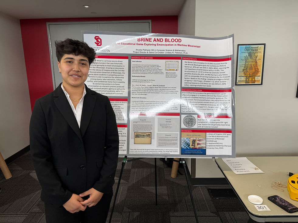 A smiling female student in a black suit stands beside a research poster titled Brine and Blood in a hallway display area.