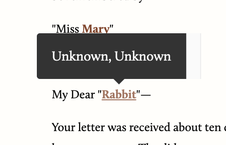 Screen capture of the subject tag that appears in a pop-up box when a user hovers over the letter's opening salutation to "Rabbit." The subject tag is labelled "Unknown, Unknown."