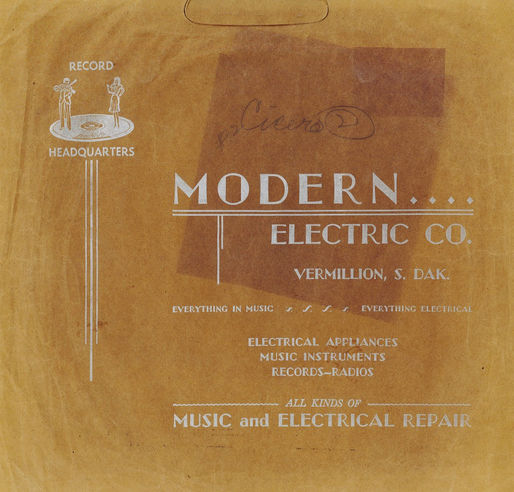 Phonograph record sleeve showing advertisement for Modern Electric Co., Vermillion, South Dakota.