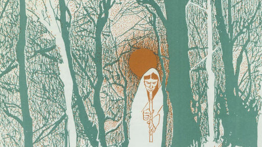Woman playing flute next to trees without leaves.