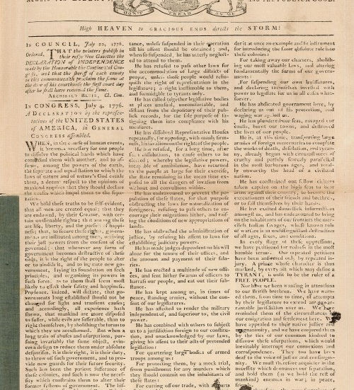First page of the Virginia Gazette., July 1776.