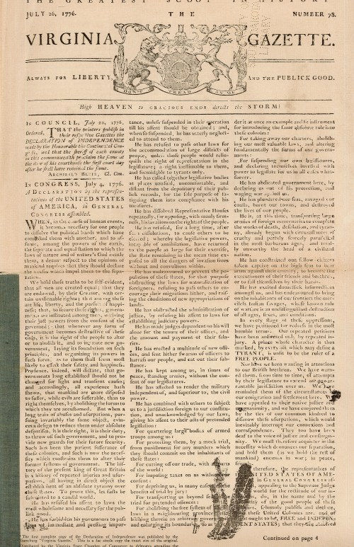 First page of the Virginia Gazette., July 1776.