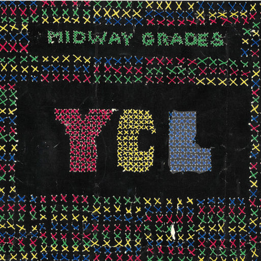 YCL scrapbook cover made with red, yellow, and blue cross-stitch.